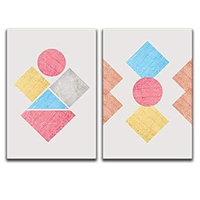 2 Panel Canvas Wall Art - Abstract Geometric Composition of Colorful Shapes - Giclee Print Gallery Wrap Modern Home Art Ready to Hang - 16"x24" x 2 Panels
