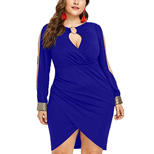 KESEELY Wrap Dress for Women - Fashion Long Sleeve Sequin Plus Size Keyhole Neck Ring Slit Bodycon Party Wedding Dress Blue