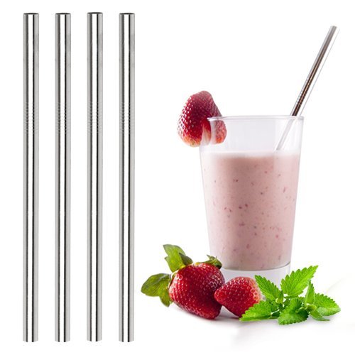 Ecofriendly Stainless Steel Smoothie Straws - WIDE for Thick Shakes - Metal drinking straw | Reusable, eco-friendly | Free Cleaning Brush | Dishwasher Safe | 4 pack | (9.5mm Straight)