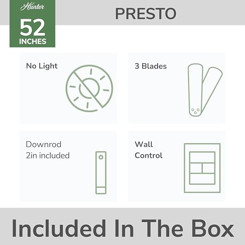 Hunter Presto, Indoor, Ceiling Fan, No Light, Modern, 52 inch, Matte Black | Standard Mount, Wall Control, 3 Blades, For Bedroom, Living Room, Kitchen, 50810