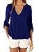 POSESHE Womens Blouses Chiffon Solid Loose Casual Cuffed Sleeve V Neck Shirt Back Button X-Large Blue