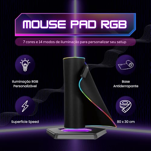 Mouse Pad Gamer RGB Led 80x30 Grande Speed Antiderrapante Base Emborrachada Borda Costurada Ideal para Jogos e Escritório