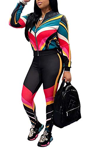 Women's Floral Print 2 Piece Set Open Front Zipper Jacket and Skinny Long Pants Plus Size Tracksuit
