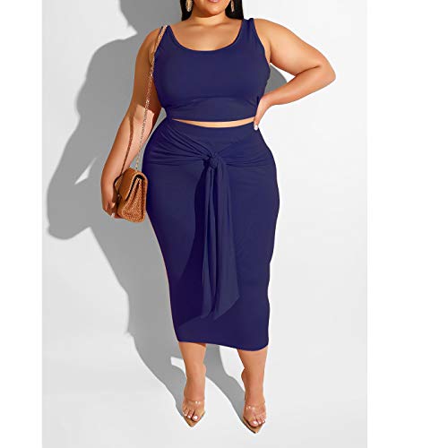 Womens Sexy Plus Size 2 Piece Midi Dress Outfits - Sleeveless Tie Dye Print Tank Crop Top Bodycon Skirts Set Royal Blue Solid 5XL