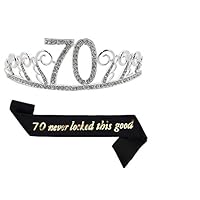 B4MBOO 70th Birthday Tiara and Sash, HAPPY 70th Birthday Party Supplies, 70 Never Looked This Good Glitter Satin Sash and Crystal Rhinestone Birthday Crown For Birthday Party Supplies and Decoration