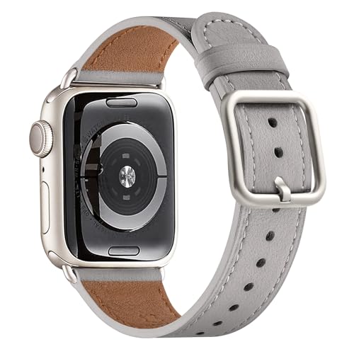 MNBVCXZ Leather Bands Compatible with Apple Watch Band Women, Womens Genuine Replacement Strap for iWatch Series 11 10 9 8 7 6 5 4 3 2 1 SE 3 SE 2 SE (44mm 45mm 46mm 49mm, Light Gray/Starlight)
