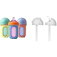 Boon Nursh Reusable Baby Bottle with Silicone Pouch Design Bundle - Stage 2 Medium Flow 8 Oz Baby Bottles, Silicone Straw Sippy Cup Conversion Lids for Nursh Bottles - 2 Count