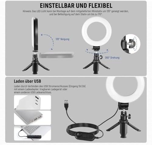 Basics 5" Ringlicht mit Mini Stativ Ständer für Tisch Videokonferenz Licht, Clip on Streaming Set für Monitor Webcam Laptop Computer Make up Selfies Videoaufnahmen, Reinigungstuch, BR60