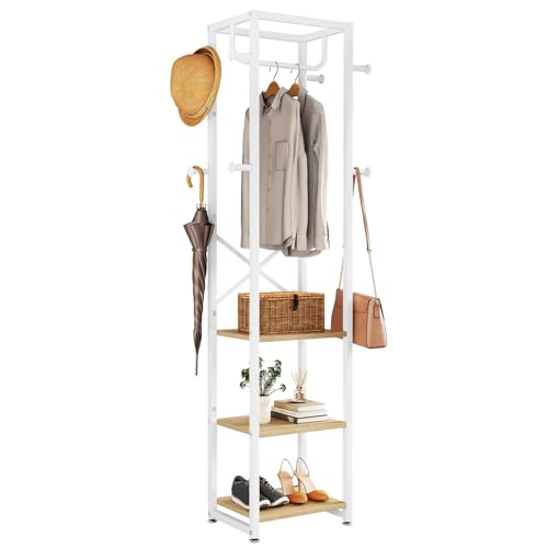 IBUYKE Perchero independiente con 3 estantes y 8 ganchos, perchero industrial para entrada, pasillo, dormitorio, 180 x 40 x 30 cm, color natural y blanco TMJ088R