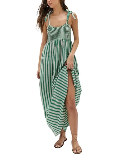 Lentta Women's Striped Smocked Maxi Dress Causal Spaghetti Strap Stretchy Flowy Swing Long Dress with Pockets(Green-XS) at Amazon