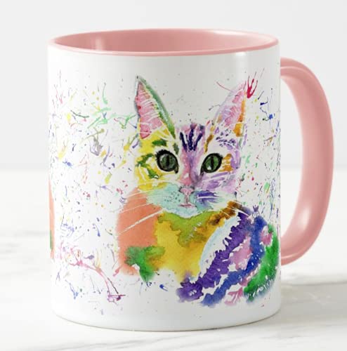 Vixar Kitten Cat Watercolour Rainbow Art Coloured Mug Cup, Gift, Birthday, Work, Office, Christmas Tea Coffee (Pink)