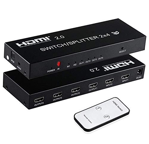 2 x 4 HDMI Switch, ZAMO 2 in 4 Out HDMI Switcher Splitter with Amplifier SPDIF Audio 3.5mm, 4 Out 2 in HDMI 2.0 Switch Splitter with Audio Extractor Support HD 4Kx2K, 3D, 1080P