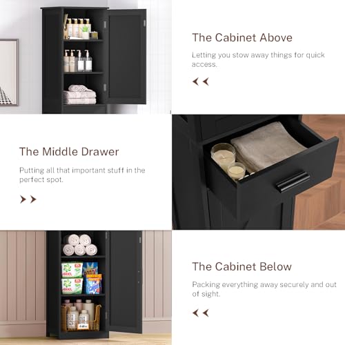 WEENFON Tall Bathroom Cabinet with 6 Shelves, Narrow Bathroom Storage with 2 Doors, Narrow Storage Cabinet, for Bathroom, Living Room, Kitchen, Black, 30×40×170CM