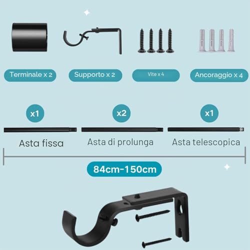 Extendable Curtain Pole with Support for Living Room Bedroom 84 – 150 cm (White Φ25 mm)