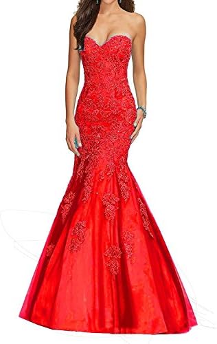 Elley Women's Sweetheart Mermaid Lace Applique Bodice Beaded Sleeveless Long Formal Prom Party Gown Evening Dress Red US4