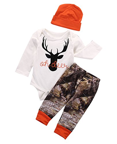 Newborn Baby Boys Long Sleeve Letters Deer Romper Bodysuit Pants Hat Outfit Clothes Set (6-12M, Orange)