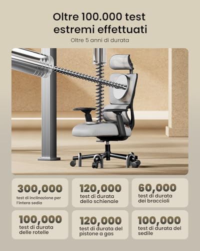 ProtoArc EC100 Ergonomic Office Chair - Desk Chair with 10cm Spring Cushion, Lumbar Support, Adjustable Arms and Headrests, Mesh Swivel Chair for Home and Office, Grey