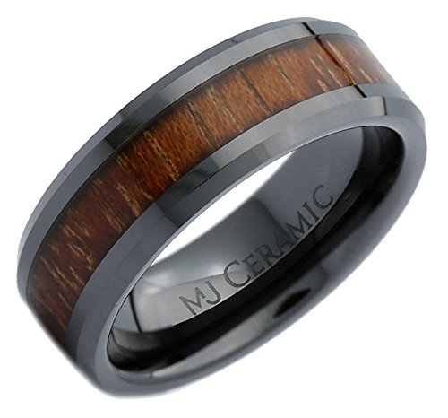 8MM Black Ceramic Wedding Ring Natural Acacia Koa Wood Inlay Comfort Fit Size 9.5