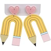 Colorful Pencil Earrings Acrylic Heart Pencil Dangle Earrings Creative Cute Earrings Teachers Students Back to School Jewelry Gift for Women