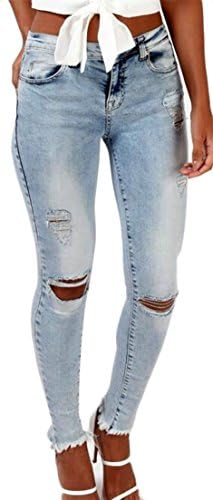 XXBlosom Women's Mid Waist Ripped Holes Cut-Off Skinny Faded Stretch Jeans Light Blue Small