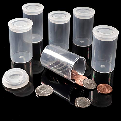Masacana - 25 Pack Black and Clear Plastic Film Canisters with Caps, 35mm Empty Camera Reel Containers, Storage Containers for Small Items, Coins, Art Beads, Comes with Brush and 26 Blank Labels