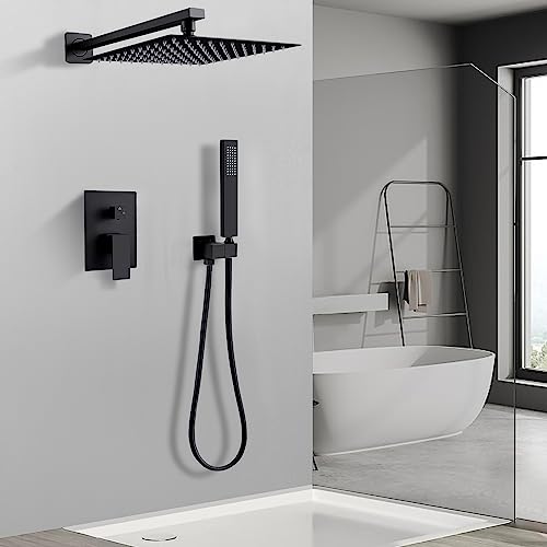 Namuoto Black Shower Systems, Complete Shower Set with Built-in Mixer, Square Rain Shower, 24.5 x 24.5 cm