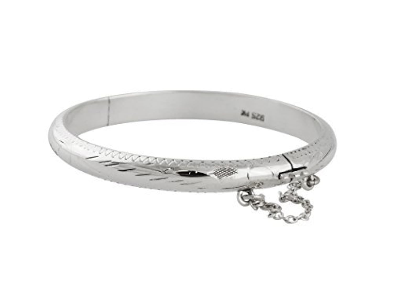 FashionJunkie4Life Sterling Silver Etched Bangle Bracelet with Chain for Baby or Toddler, 40mm diameter