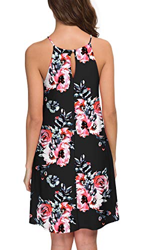 Feiersi Women's Halter Neck Boho Floral Print Loose Casual Sleeveless Short Dress(Floral Black,M) - Thumbnail 2