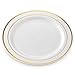 BloominGoods 50 Plastic Disposable Dinner Plates | 10.25 inches White with Gold Rim Real China Look | Ideal for Weddings, Parties, & Catering | Heavy Duty & Non Toxic (50-Pack)