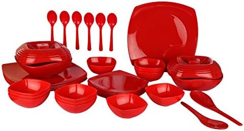 Homray Microwavesafe, Unbreakable 36 Pc Square Dinner Set with Serving Bowls (Red Color)