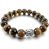 INBLUE Women,Men's 10mm Alloy Energy Bracelet Link Wrist Energy Stone Brown Silver Tone Buddha Mala Bead