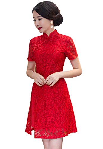 Wincolor Women's Short Sleeve Floral Lace Qipao Wedding Dress Chinese Traditional Cheongsam