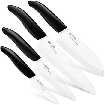 Kyocera Advanced Ceramic Revolution 4-Piece Knife Set: Includes 7-inch Chef's, 5.5-inch Santoku, 4.5-inch Utility and 3-inch Paring-Black Handle w/ White Blades