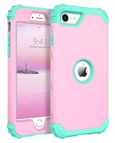 BENTOBEN for iPhone SE 2022 Phone Case and iPhone SE 2020 Case, Heavy Duty 3 in 1 Full Body Rugged Shockproof Hybrid Hard PC Soft Rubber Bumper Drop Protective Girl Women Cover, Light Pink/Mint