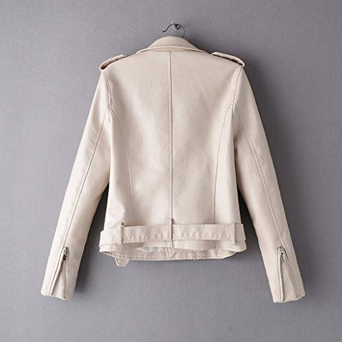 Sunhusing Ladies Fall Solid Color Long-Sleeve Multi-Zipper Pocket Lapel Jacket Button Belt Buckle Short Coat White