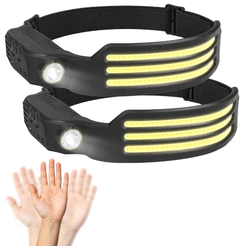 Deecam Rechargeable Headlamp 2 Units, 3 LED White Light with Motion Sensor, 2000 mAh Battery, 5 Light Modes for Camping, Running, Hiking and Fishing