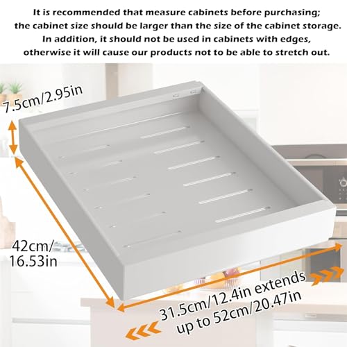 Fohome Expandable Pull out Cabinet Organizer, Expandable Sliding Pull Out Drawers White, Slide out Cabinet Organizer Drawer Storage for Kitchen, Living Room, Home, Adjustable Width 32cm to 52 cm White