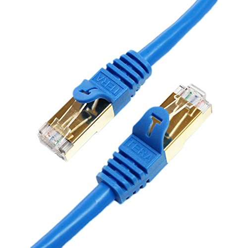 Tera Grand - 14FT - Premium CAT7 Double Shielded 10 Gigabit 600MHz Ethernet Patch Cable for Modem Router LAN Network, Gold Plated Shielded RJ45 Connectors, Faster Than CAT6a CAT6 CAT5e, Blue