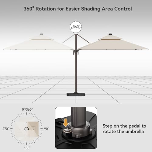 ZLACUIU 9x12FT Beige Cantilever Outdoor Patio Umbrella with Base, Large Rectangular Offset Design, Double Top Heavy Duty Aluminum Frame & 360° Rotation for Pool Garden Deck Backyard