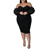 Women's Plus Size Off The Shoulder Mesh Long Sleeve Bodycon Ruched Midi Party Cocktail Dress