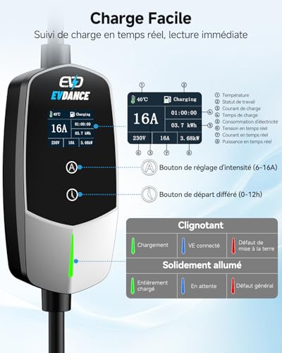 EVDANCE Electric Car Charger 3.68kW, 6.1m Electric Car Charging Cable, 6-16A Adjustable Current, 0-12h Programmable Delayed Load, IP66 Portable Type 2 Cable for EV IEC 62196-2, Silver