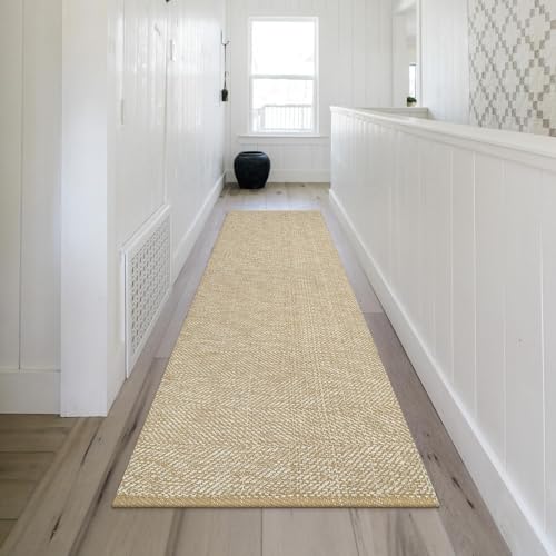 Photo 1 of LEEVAN Hallway Runner Rug 10 ft, Cotton Woven Washable Rug, Tan Braided Low Pile Kitchen Modern Bathroom Rugs Long Front Door Floor Carpet for Classroom/Bedroom/Doorway, Tan/Cream, 2.6'x10'