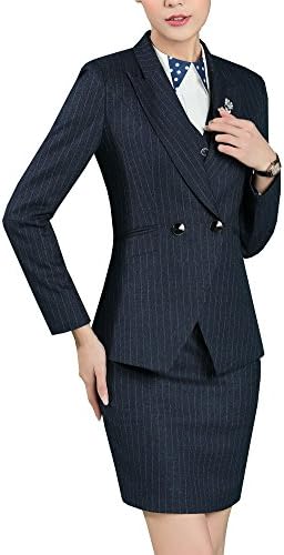 Sarety Women's Business OL Work Slim Fit Pinstripe Blazer Jacket Skirt Pants Suit Set navy blue(Blazer+Skirt) US XS-Label M