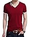 JNC Men's Summer V-Neck Casual Slim Fit Short Sleeve T-Shirts Cotton Shirts (Medium, Wine Red)