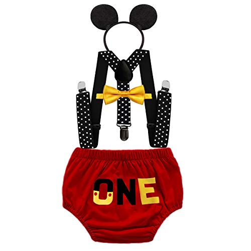 HIHCBF Baby Boys First Birthday Party Outfits Cake Smash Photo Shoot Costume ONE Bloomers Suspenders Bow Tie Headband 6-12M - Thumbnail 7