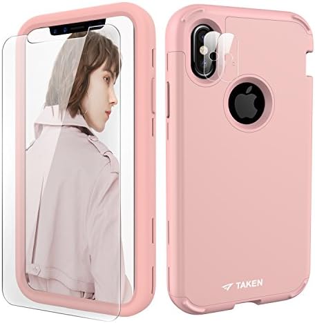 iPhone X/10 Plastic Silicone Case with Screen Protector, Three Layers Heavy Duty Protection and Non-slip, Taken Direct Apple Camera Lens Protector, for Women, Men, Boys, Girls, 5.8 Inch (Rose Gold)