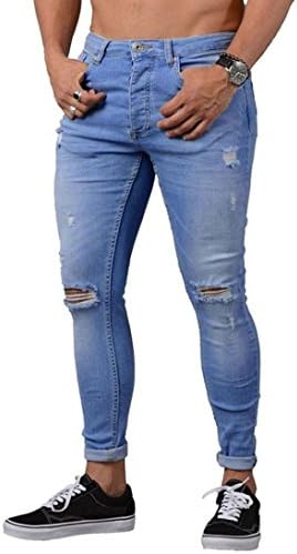 WOCACHI Men Fashion Slim Biker Denim Jeans Skinny Frayed Pants Distressed Rip TROURSERS