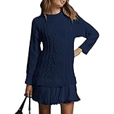 Womens Cable Knit Sweater Dress 2025 New Crewneck Long Sleeve Turtleneck Pleated Mini Dress Casual Fall Winter Outfits