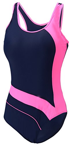 EBMORE Womens One Piece Swimsuit Bathing Suit Chlorine Resistant for Athletic Sport Training Exercise(Pink & Navy 10-12)