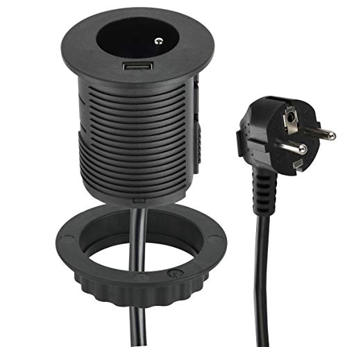 Electraline 35432 Ciabatta Multipresa Compatta con 1 Presa + 1 Porta USB 2.0 A Ricarica Rapida, per Ufficio/Tavolo, 60 mm di diametro, Facile da installare, Prolunga di 2M di cavo, Nero